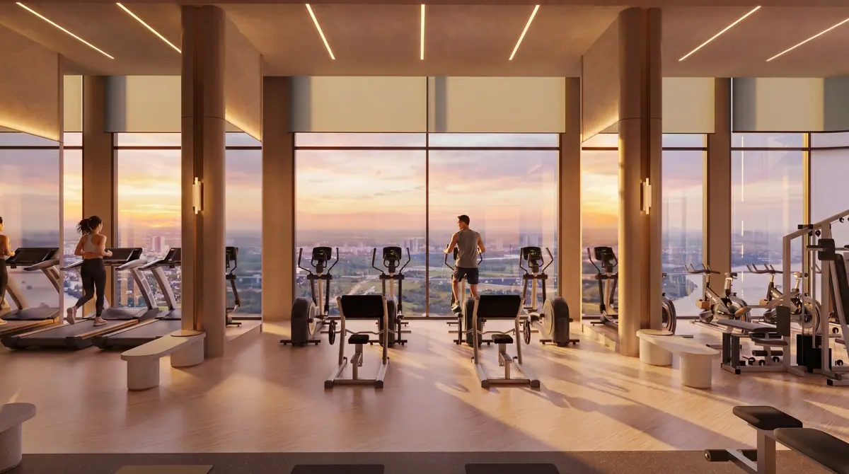 Phòng gym tầng cao Palm River với tầm nhìn toàn cảnh