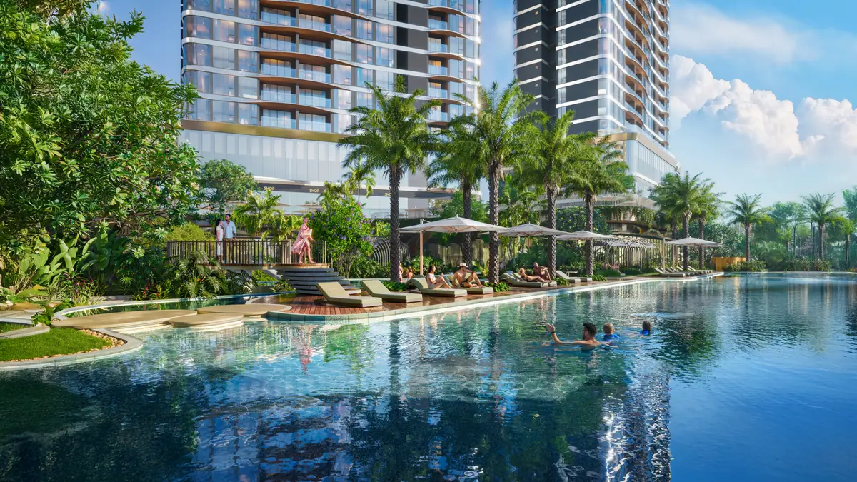 Hồ bơi tràn 70m chạy dọc chân tháp Palm River