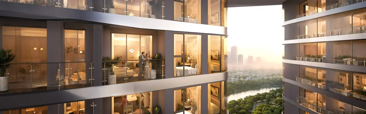 Ban công căn hộ Palm River nhìn ra mảng xanh và sông