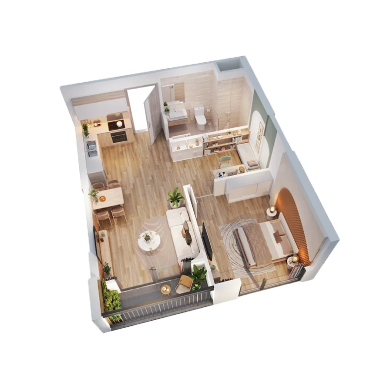 Mặt bằng căn hộ 1 phòng ngủ Palm River