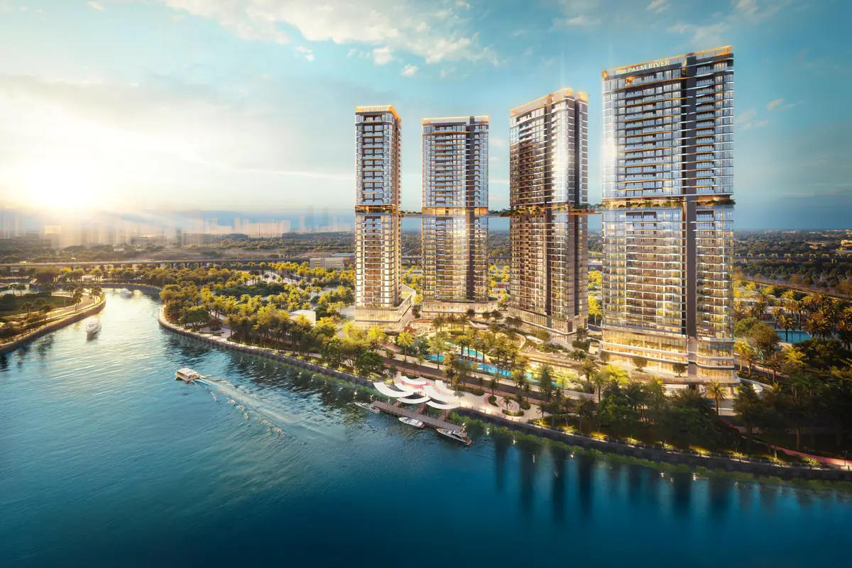 Phối cảnh tổng thể Palm River bên sông Giồng Ông Tố lúc hoàng hôn